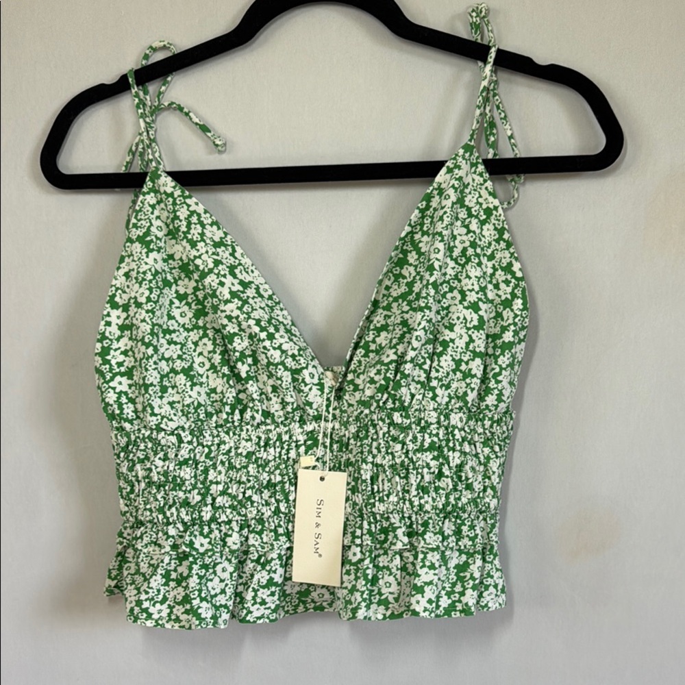 Shein Green Floral Smocked Crop Top Tie Strap Cottagecore NWT